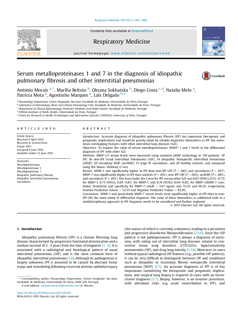 Serum metalloproteinases 1 and 7 in the diagnosis of idiopathic pulmonary fibrosis and other interstitial pneumonias