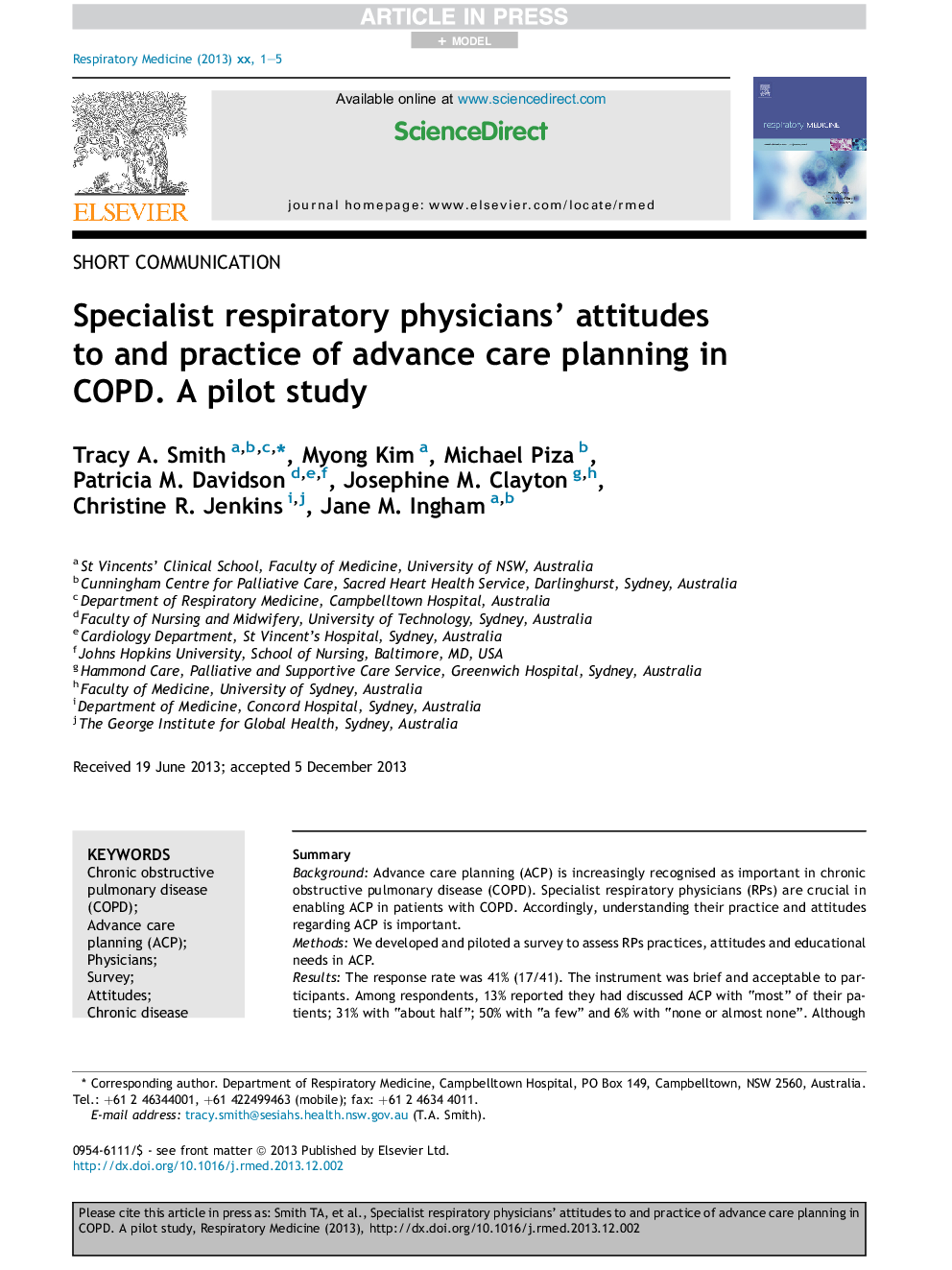 Specialist respiratory physicians' attitudes to and practice of advance care planning in COPD. A pilot study