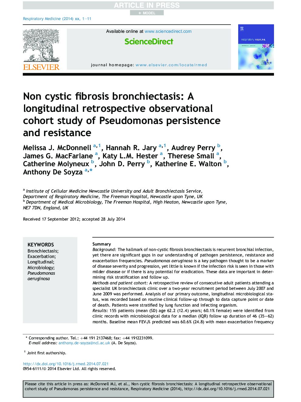 Non cystic fibrosis bronchiectasis: A longitudinal retrospective observational cohort study of Pseudomonas persistence and resistance