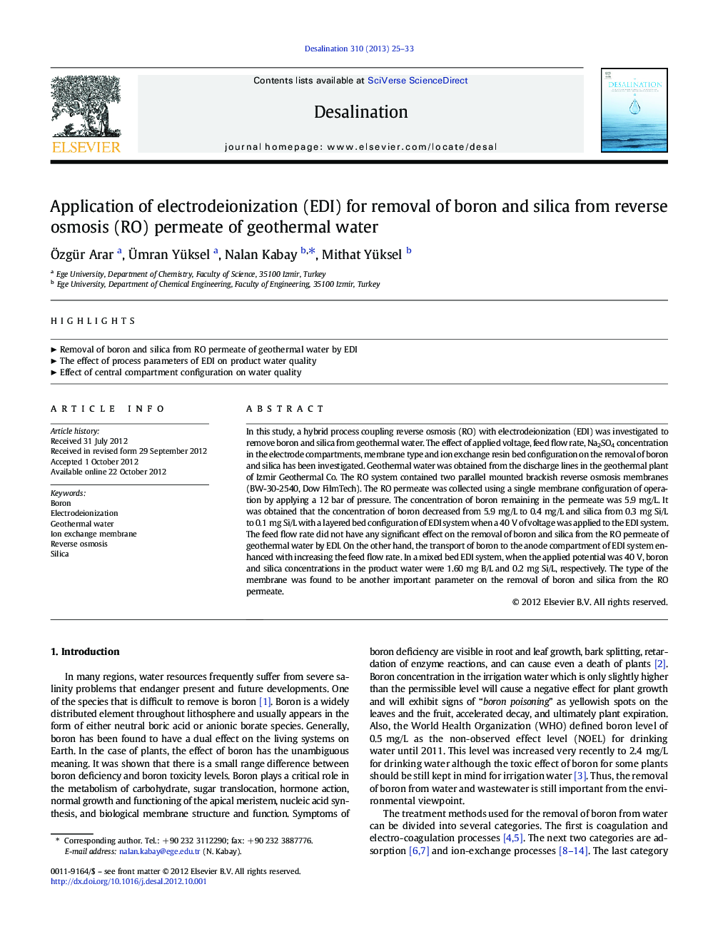 Application of electrodeionization (EDI) for removal of boron and silica from reverse osmosis (RO) permeate of geothermal water