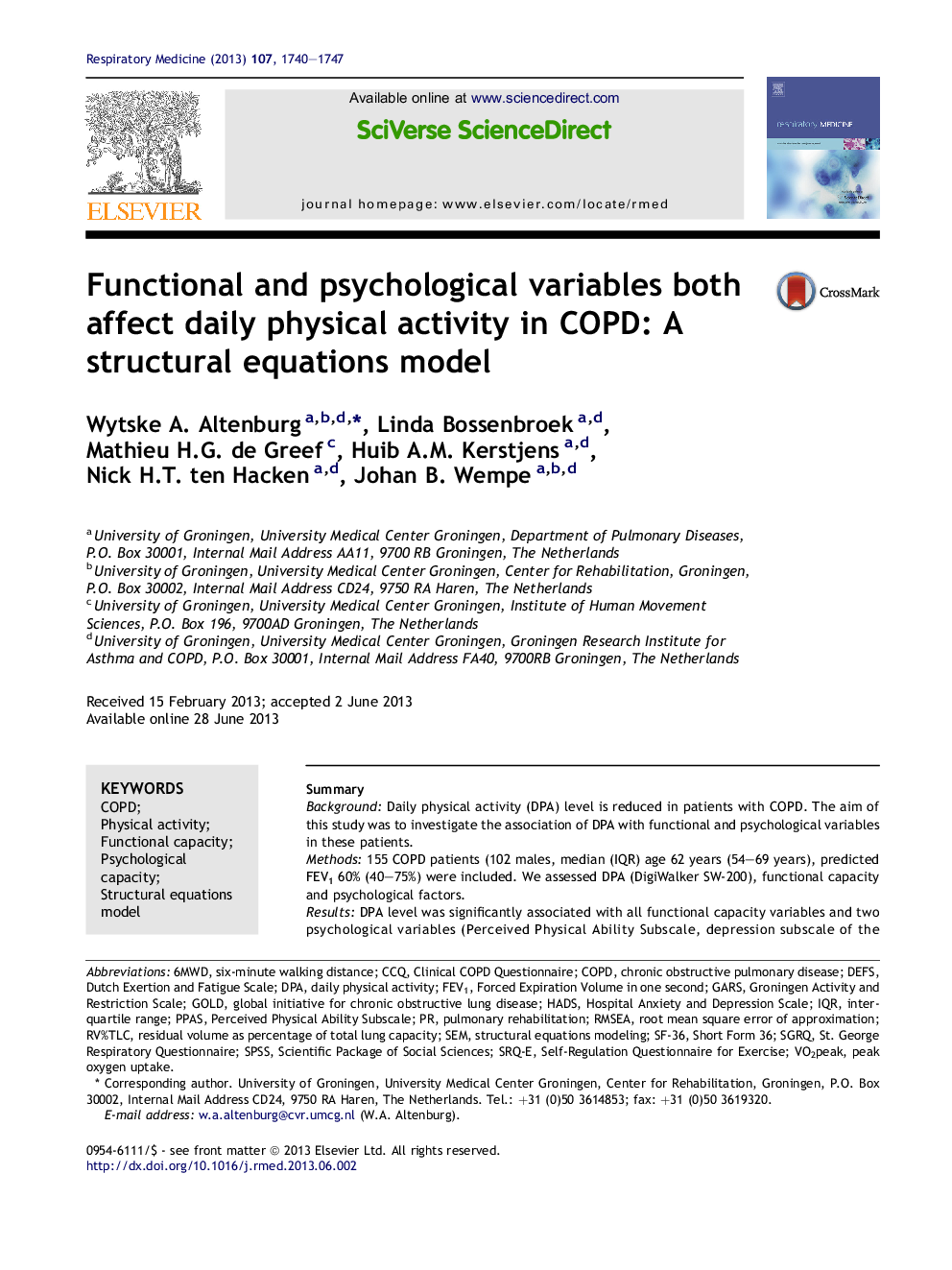 Functional and psychological variables both affect daily physical activity in COPD: A structural equations model