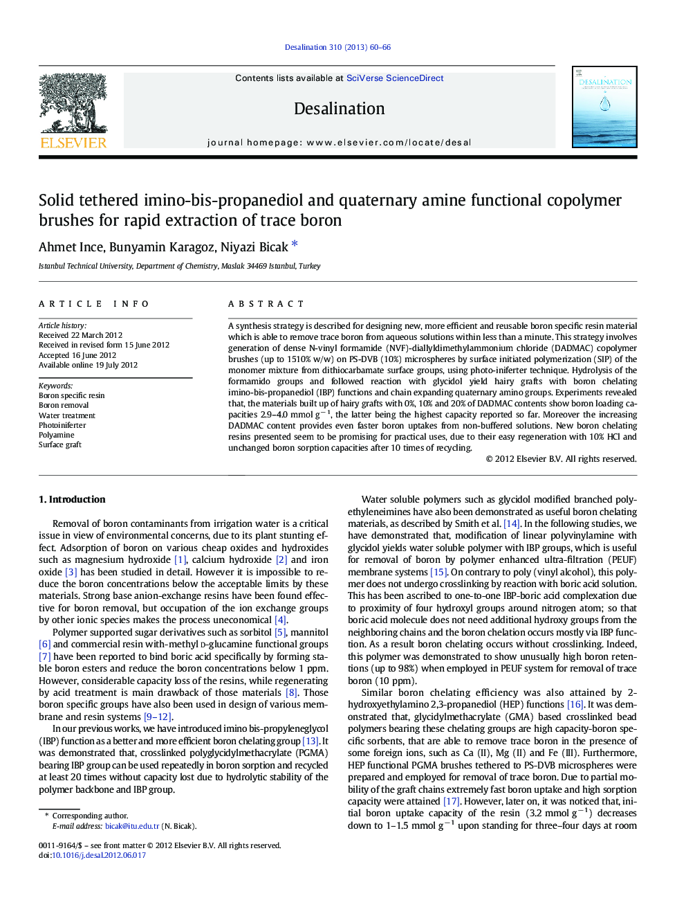 Solid tethered imino-bis-propanediol and quaternary amine functional copolymer brushes for rapid extraction of trace boron