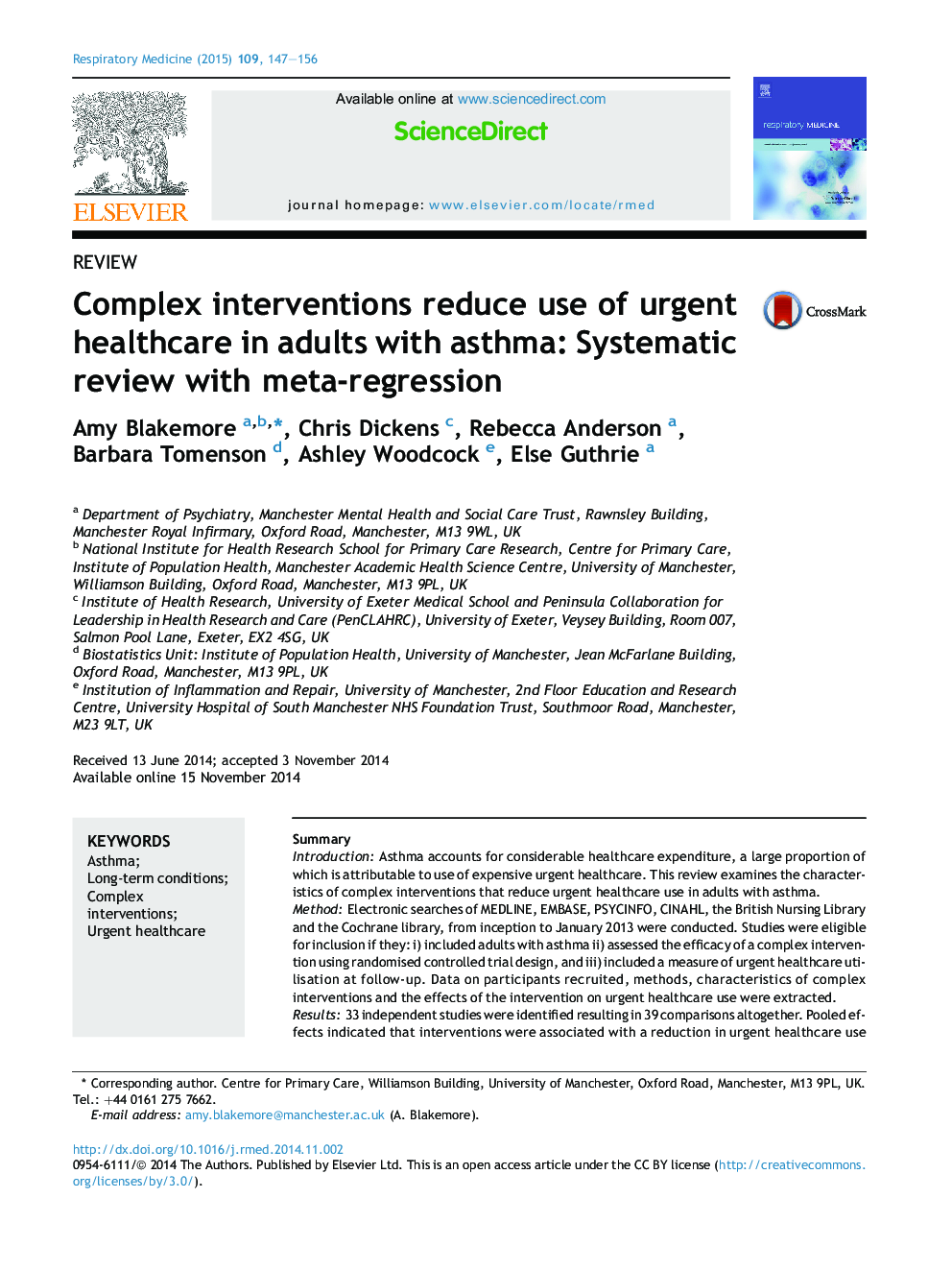 Complex interventions reduce use of urgent healthcare in adults with asthma: Systematic review with meta-regression