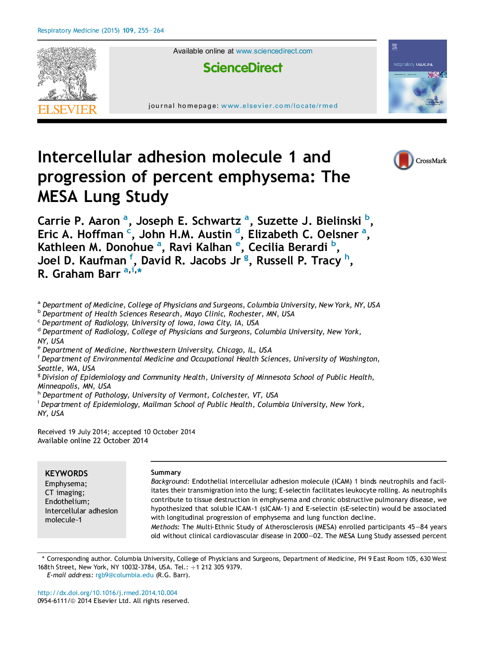 Intercellular adhesion molecule 1 and progression of percent emphysema: The MESA Lung Study