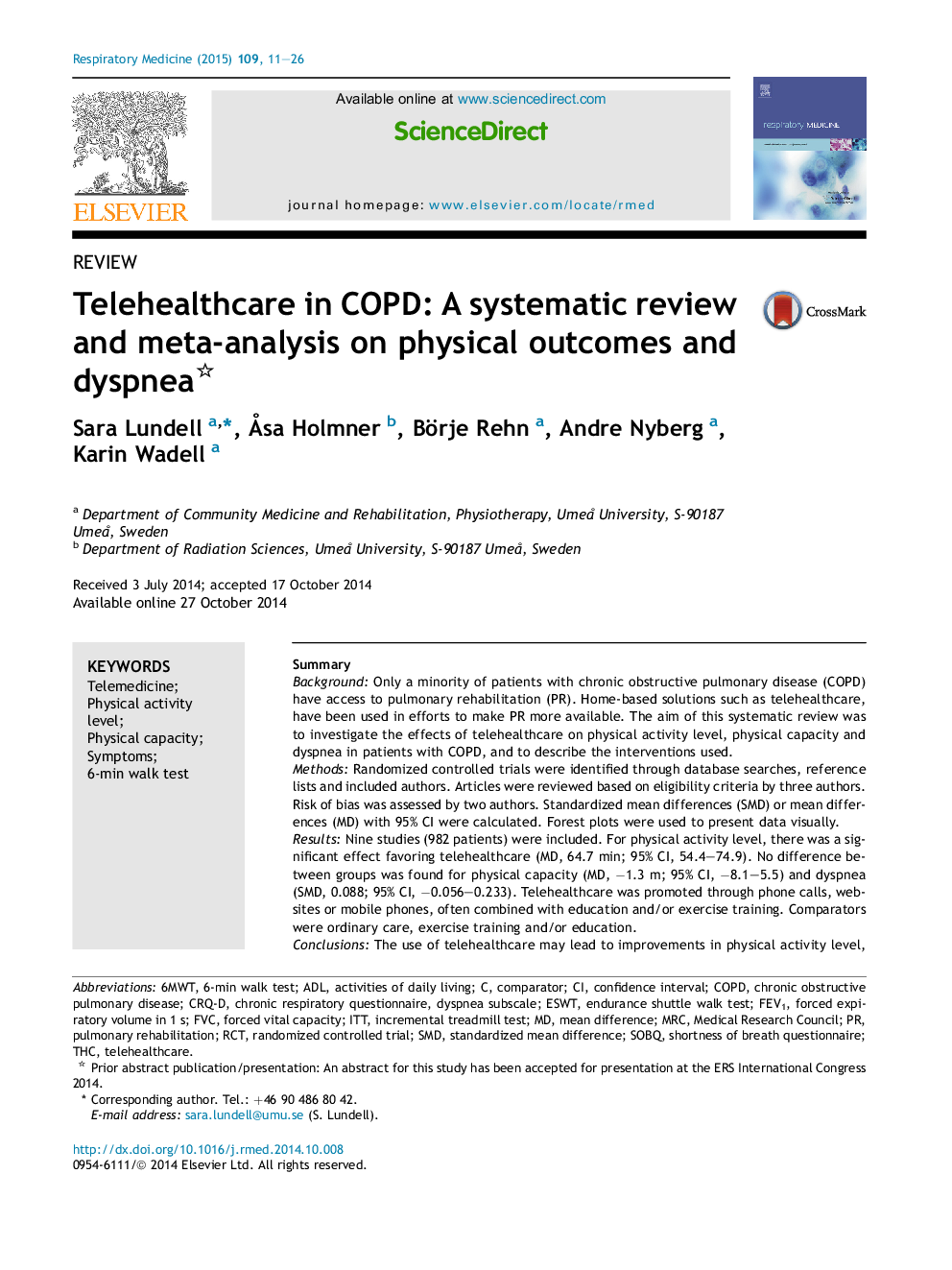 ReviewTelehealthcare in COPD: A systematic review and meta-analysis on physical outcomes and dyspnea