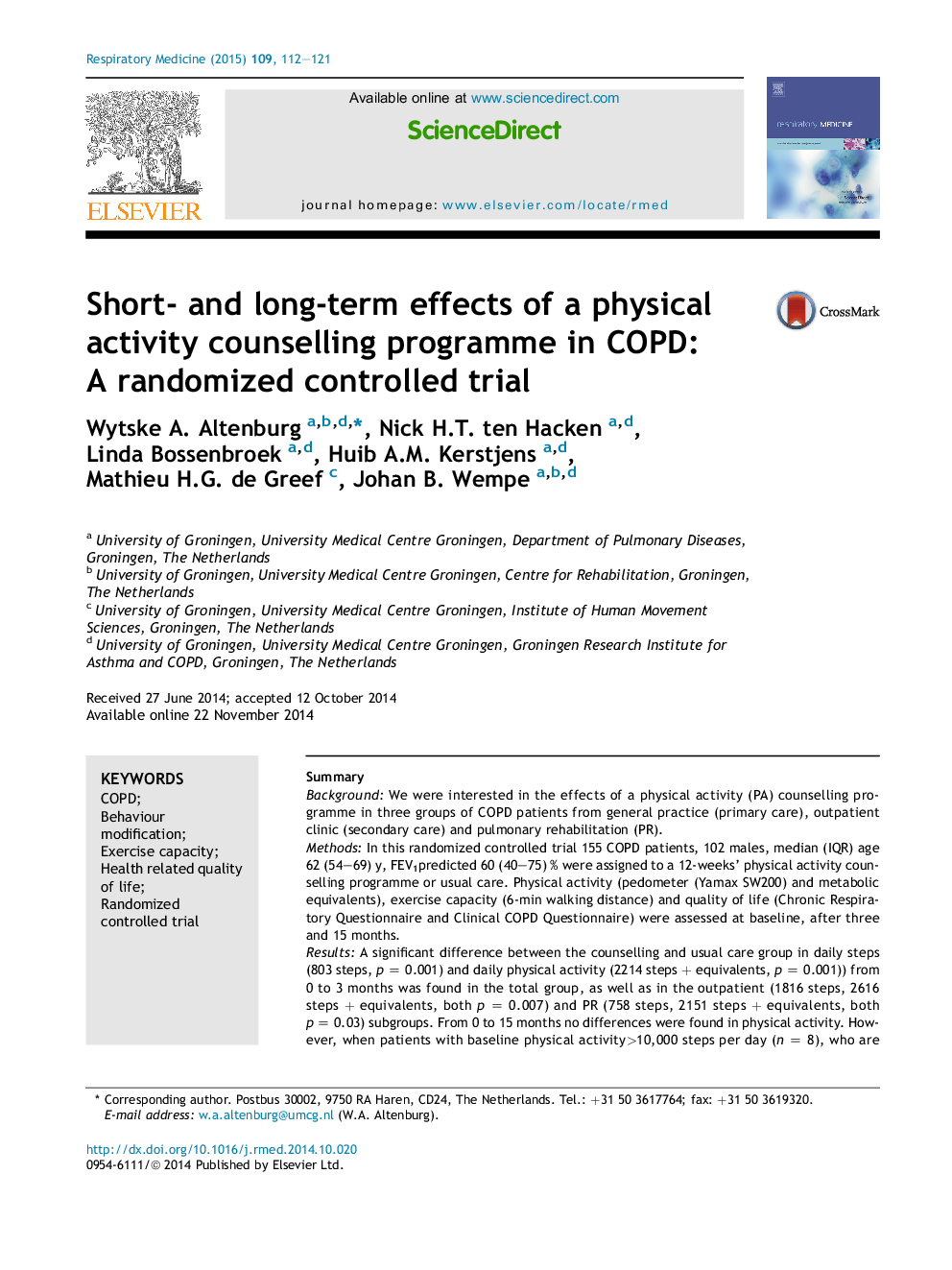 Short- and long-term effects of a physical activity counselling programme in COPD: A randomized controlled trial