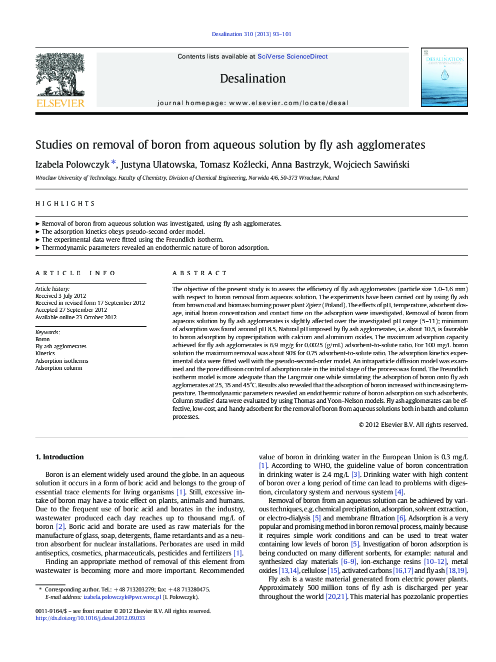 Studies on removal of boron from aqueous solution by fly ash agglomerates