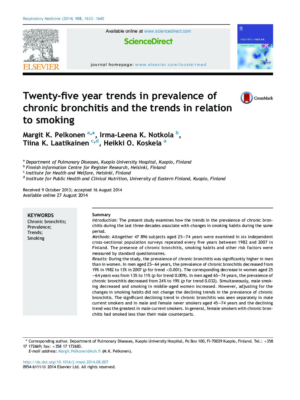 Twenty-five year trends in prevalence of chronic bronchitis and the trends in relation to smoking