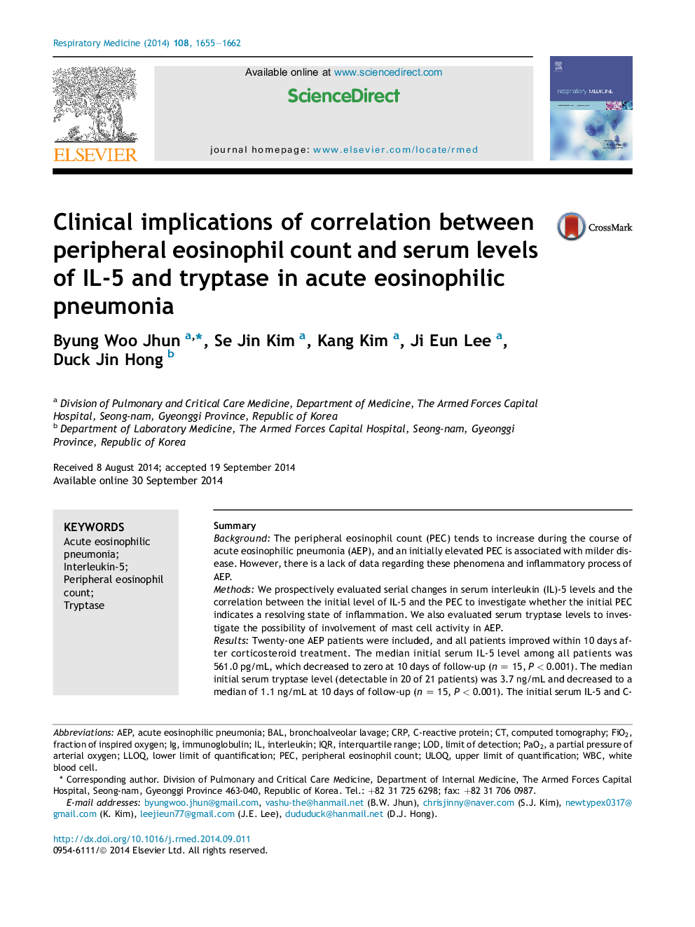 Clinical implications of correlation between peripheral eosinophil count and serum levels of IL-5 and tryptase in acute eosinophilic pneumonia