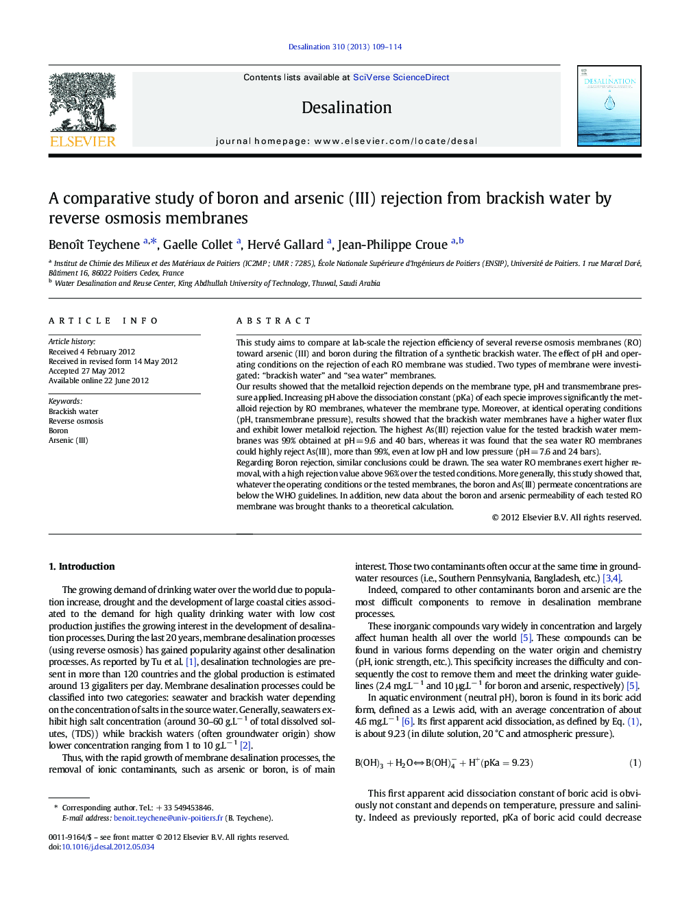 A comparative study of boron and arsenic (III) rejection from brackish water by reverse osmosis membranes