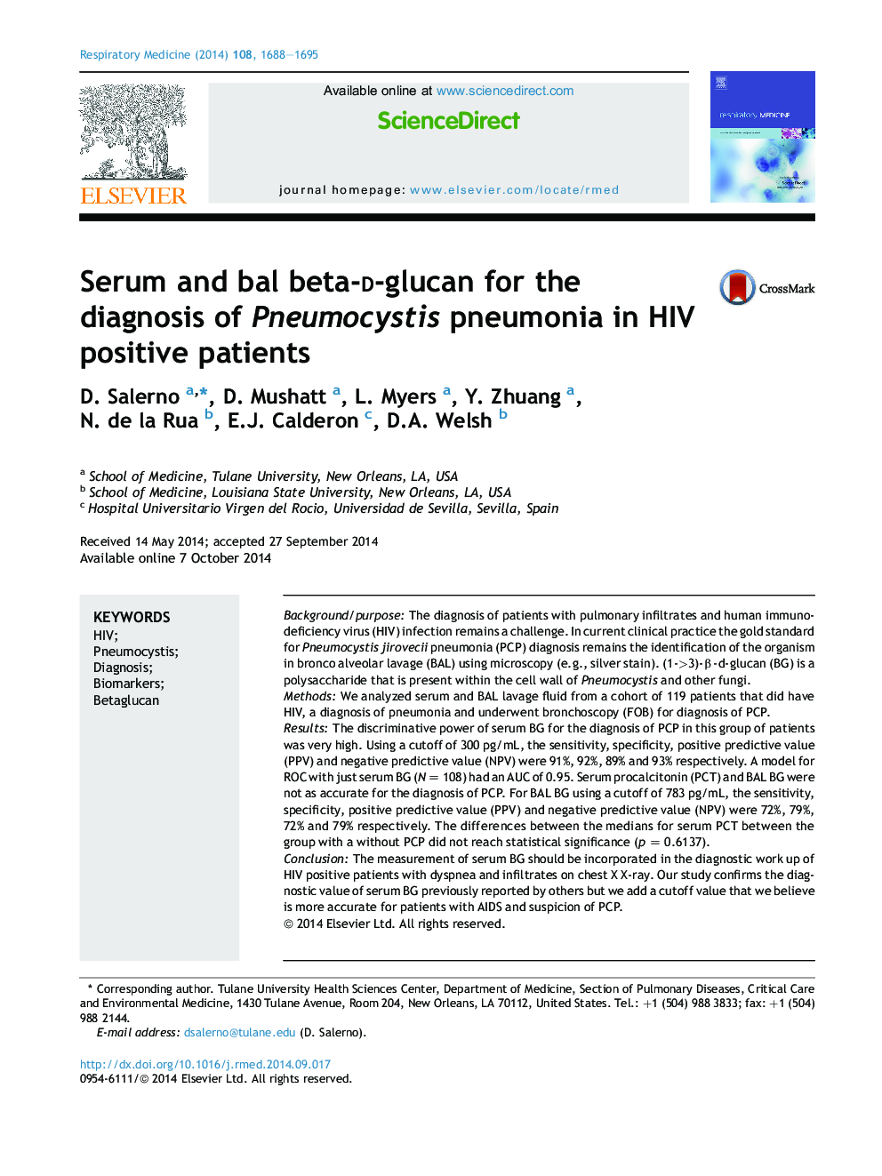 Serum and bal beta-d-glucan for the diagnosis of Pneumocystis pneumonia in HIV positive patients