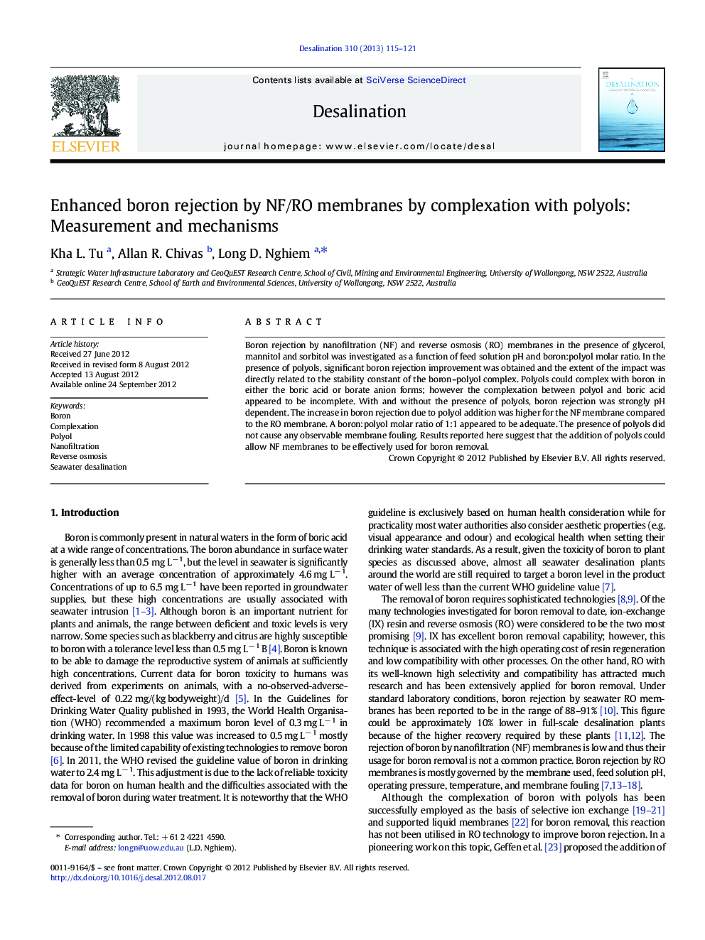 Enhanced boron rejection by NF/RO membranes by complexation with polyols: Measurement and mechanisms