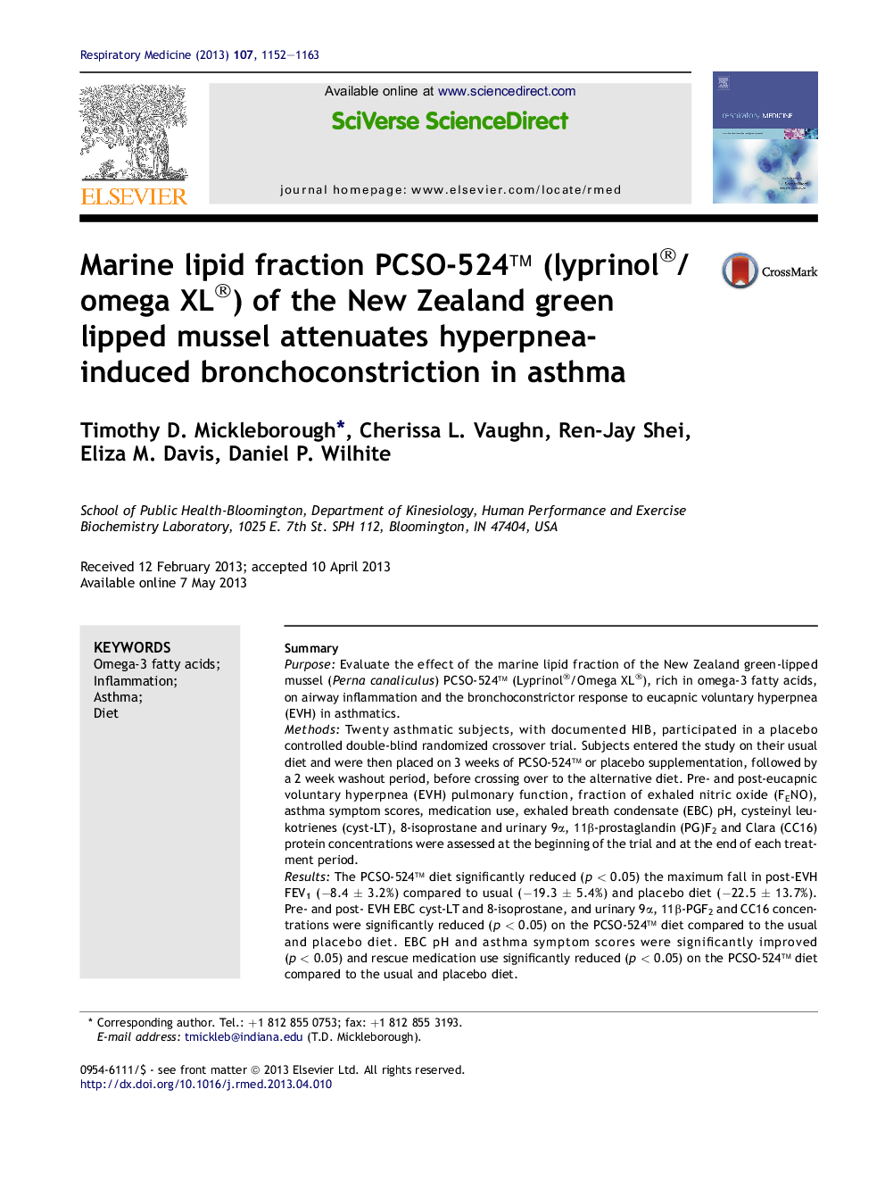 Marine lipid fraction PCSO-524â¢ (lyprinol®/omega XL®) of the New Zealand green lipped mussel attenuates hyperpnea-induced bronchoconstriction in asthma