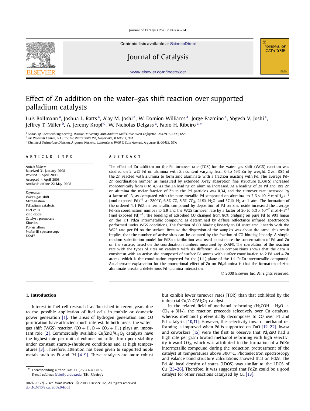 Effect of Zn addition on the water–gas shift reaction over supported palladium catalysts