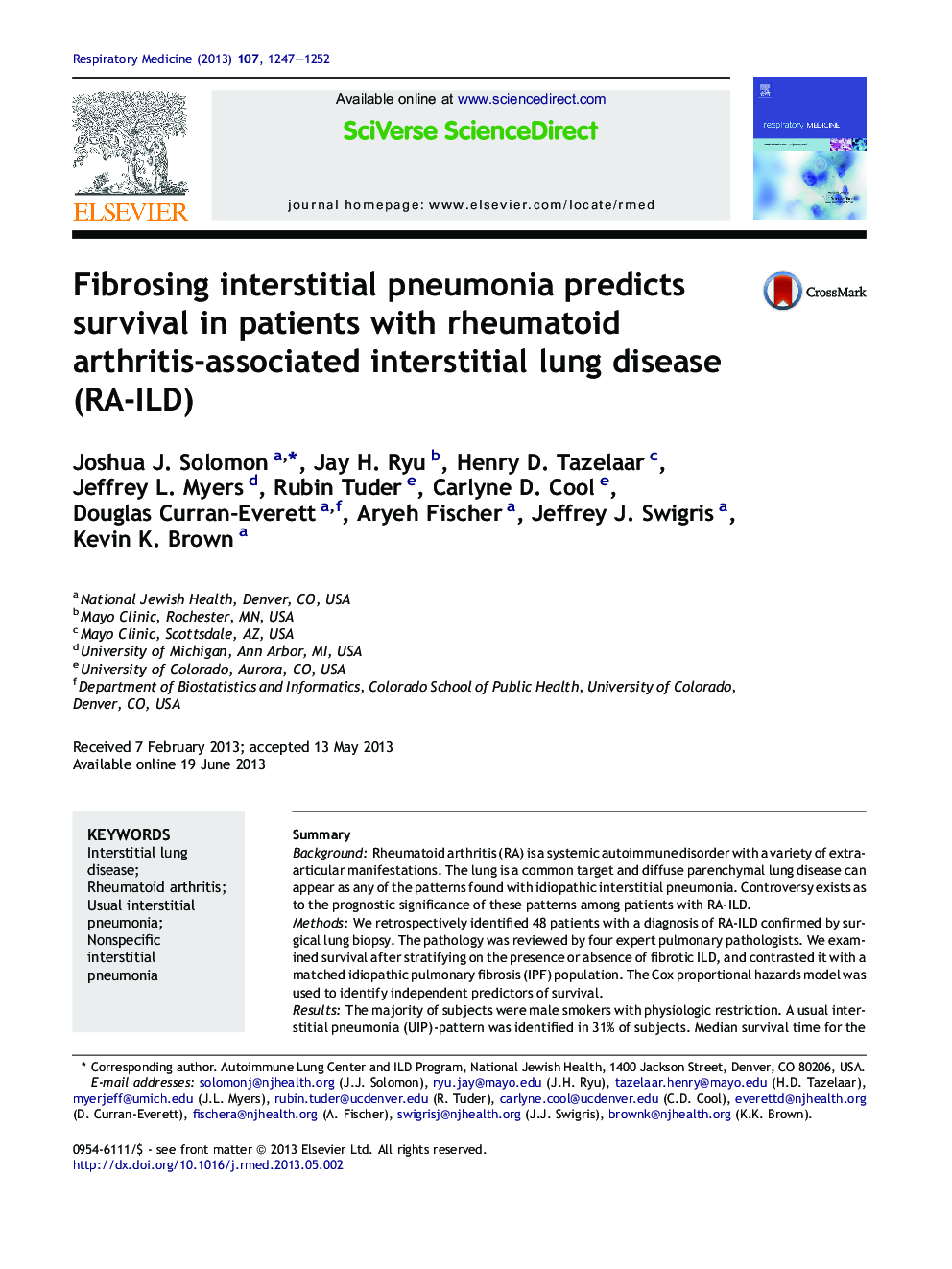 Fibrosing interstitial pneumonia predicts survival in patients with rheumatoid arthritis-associated interstitial lung disease (RA-ILD)