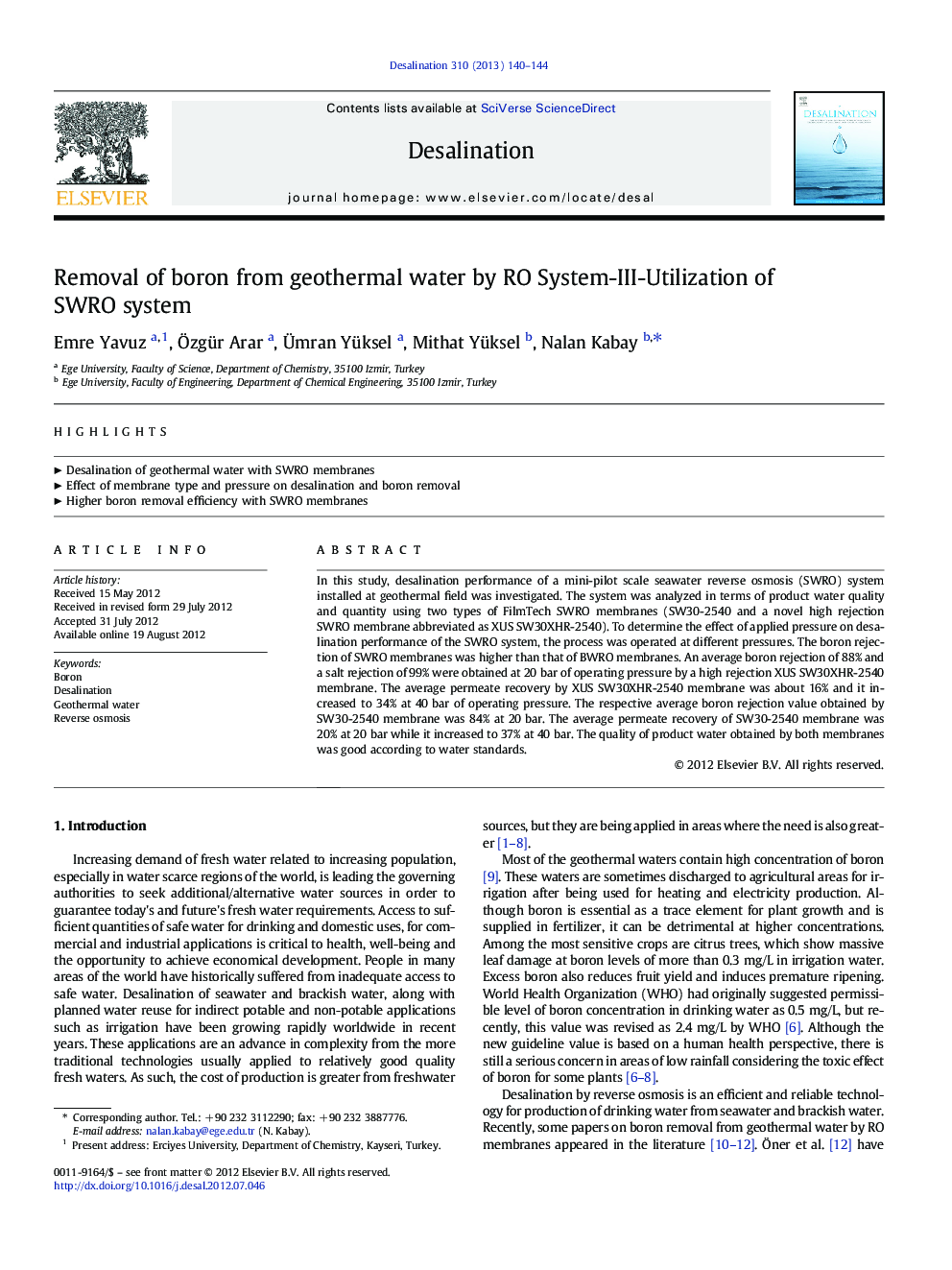 Removal of boron from geothermal water by RO System-III-Utilization of SWRO system
