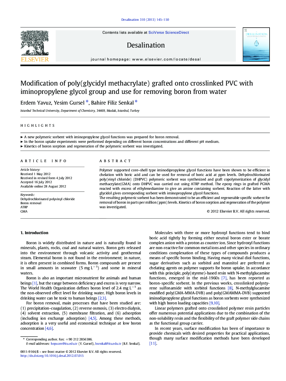 Modification of poly(glycidyl methacrylate) grafted onto crosslinked PVC with iminopropylene glycol group and use for removing boron from water