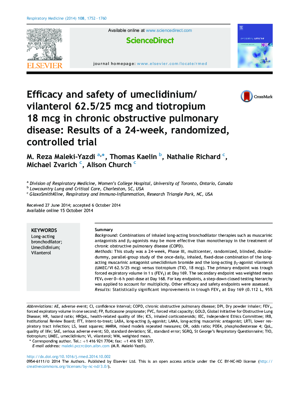 Efficacy and safety of umeclidinium/vilanterol 62.5/25Â mcg and tiotropium 18Â mcg in chronic obstructive pulmonary disease: Results of a 24-week, randomized, controlled trial