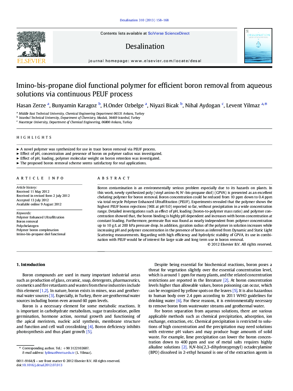 Imino-bis-propane diol functional polymer for efficient boron removal from aqueous solutions via continuous PEUF process