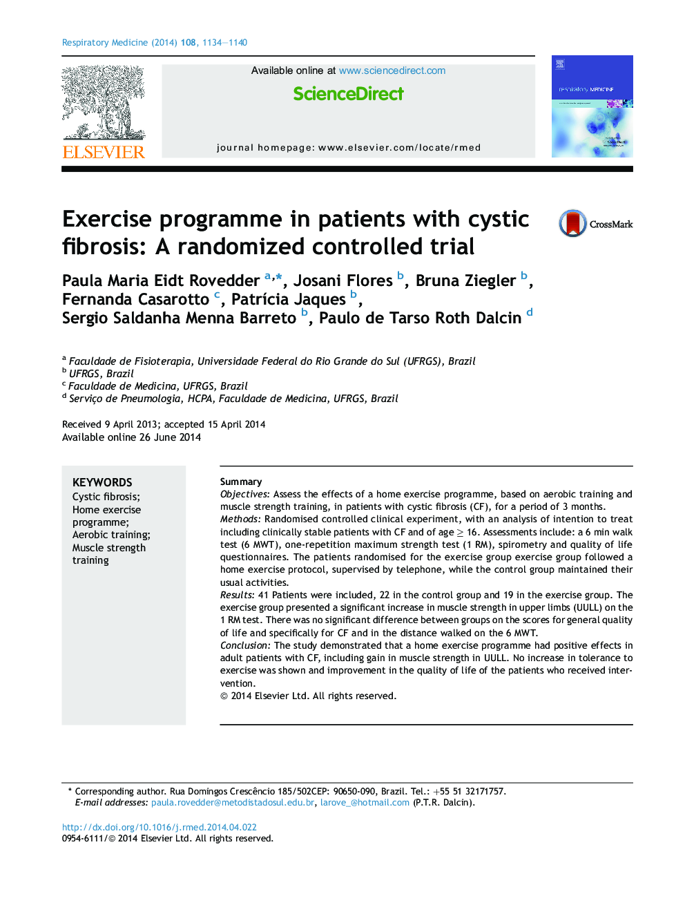 Exercise programme in patients with cystic fibrosis: A randomized controlled trial