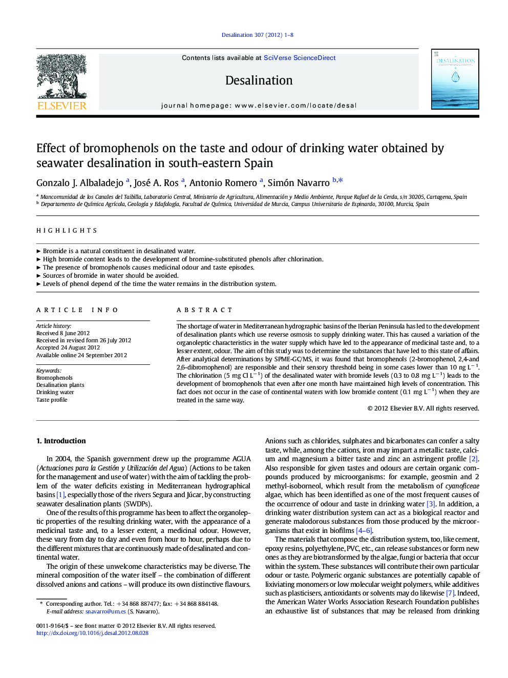 Effect of bromophenols on the taste and odour of drinking water obtained by seawater desalination in south-eastern Spain