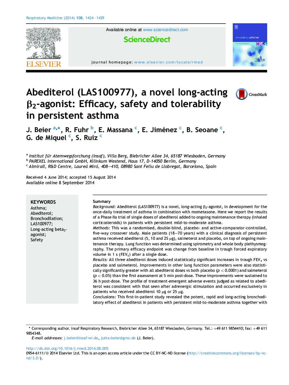 Abediterol (LAS100977), a novel long-acting Î²2-agonist: Efficacy, safety and tolerability in persistent asthma