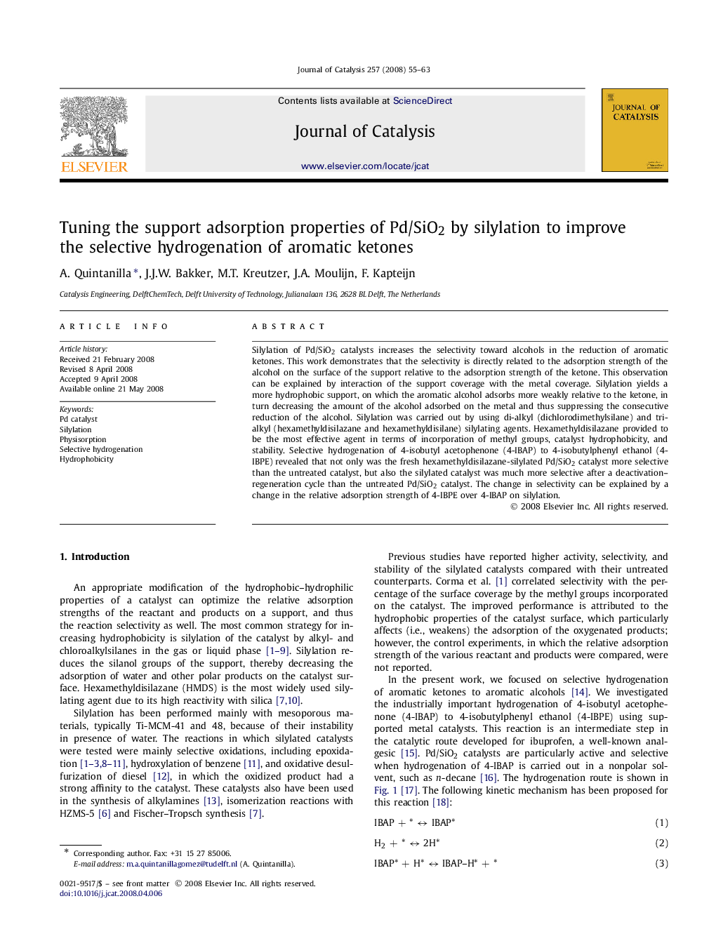 Tuning the support adsorption properties of Pd/SiO2 by silylation to improve the selective hydrogenation of aromatic ketones