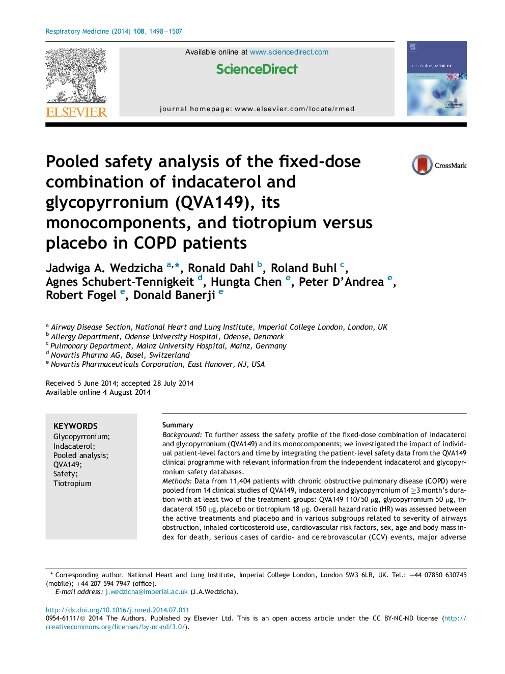 Pooled safety analysis of the fixed-dose combination of indacaterol and glycopyrronium (QVA149), its monocomponents, and tiotropium versus placebo in COPD patients