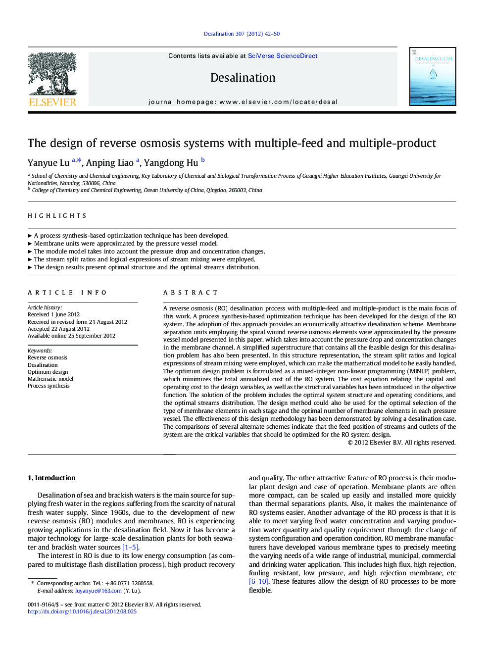 The design of reverse osmosis systems with multiple-feed and multiple-product