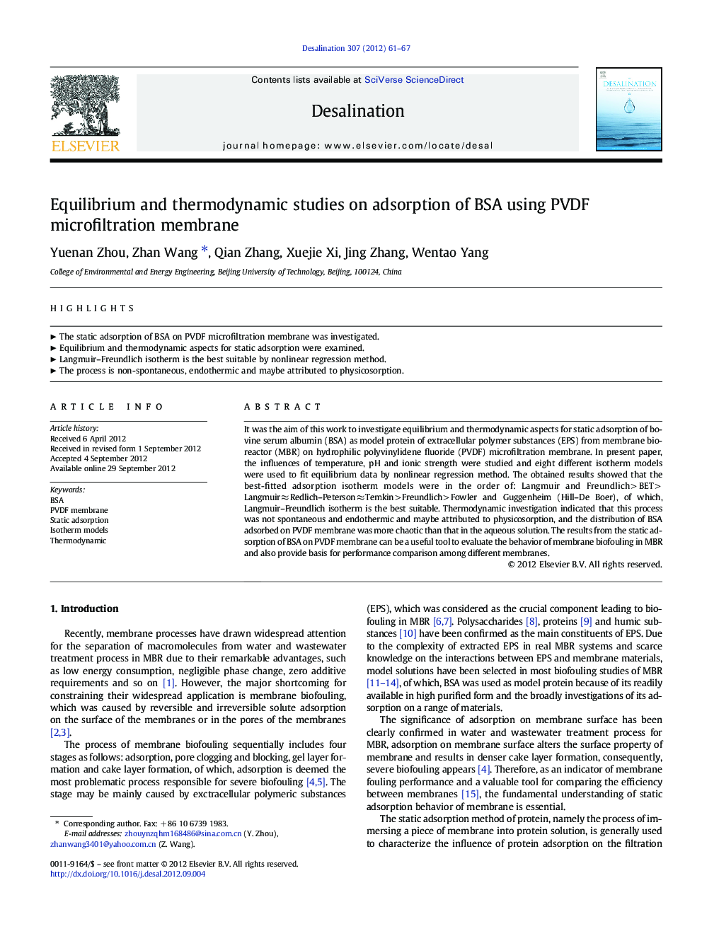 Equilibrium and thermodynamic studies on adsorption of BSA using PVDF microfiltration membrane