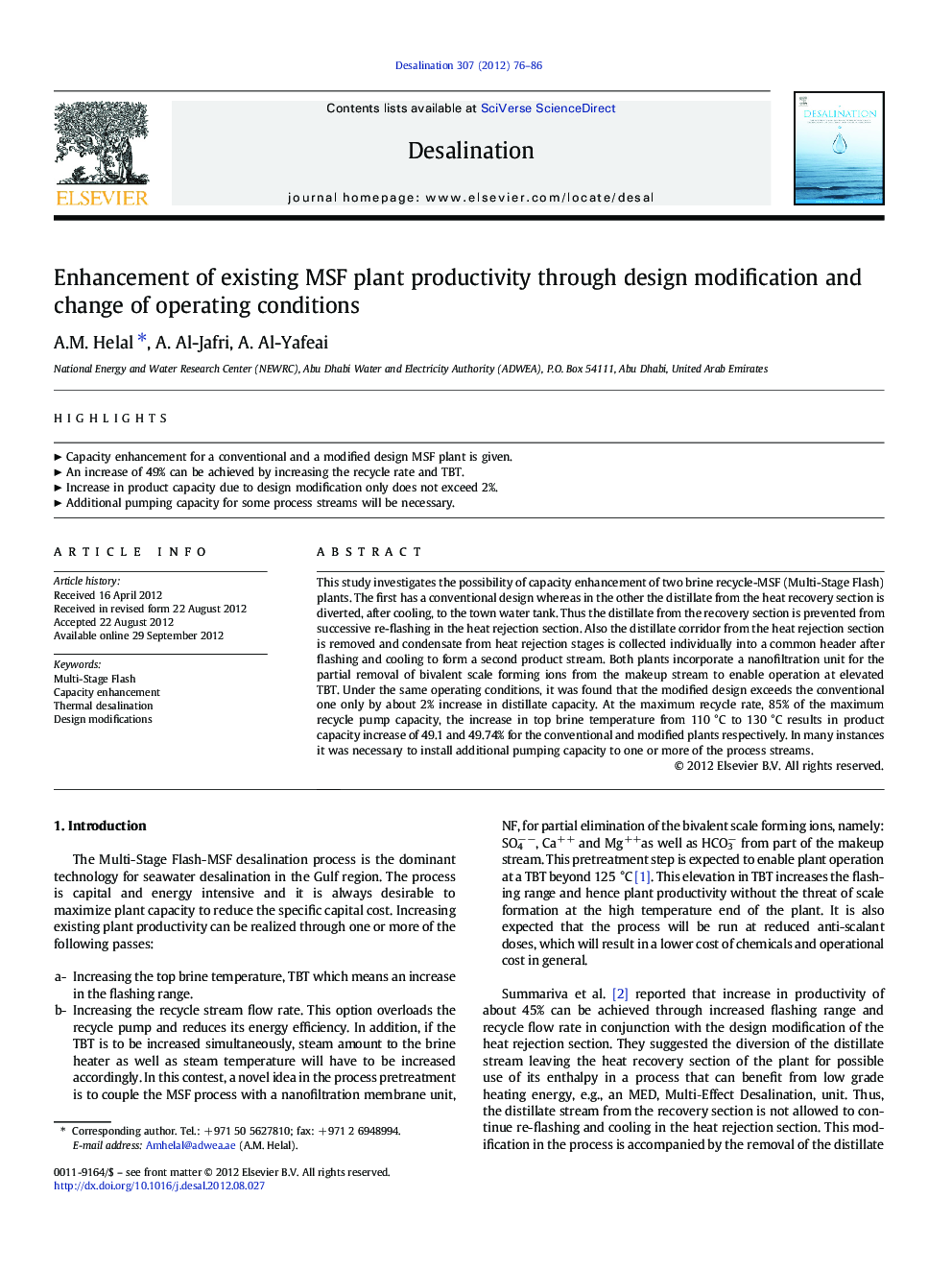 Enhancement of existing MSF plant productivity through design modification and change of operating conditions