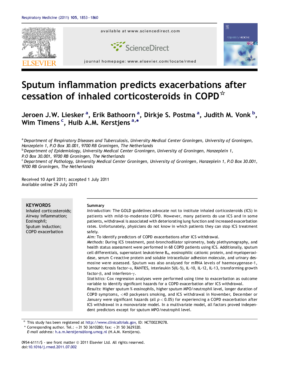 Sputum inflammation predicts exacerbations after cessation of inhaled corticosteroids in COPD