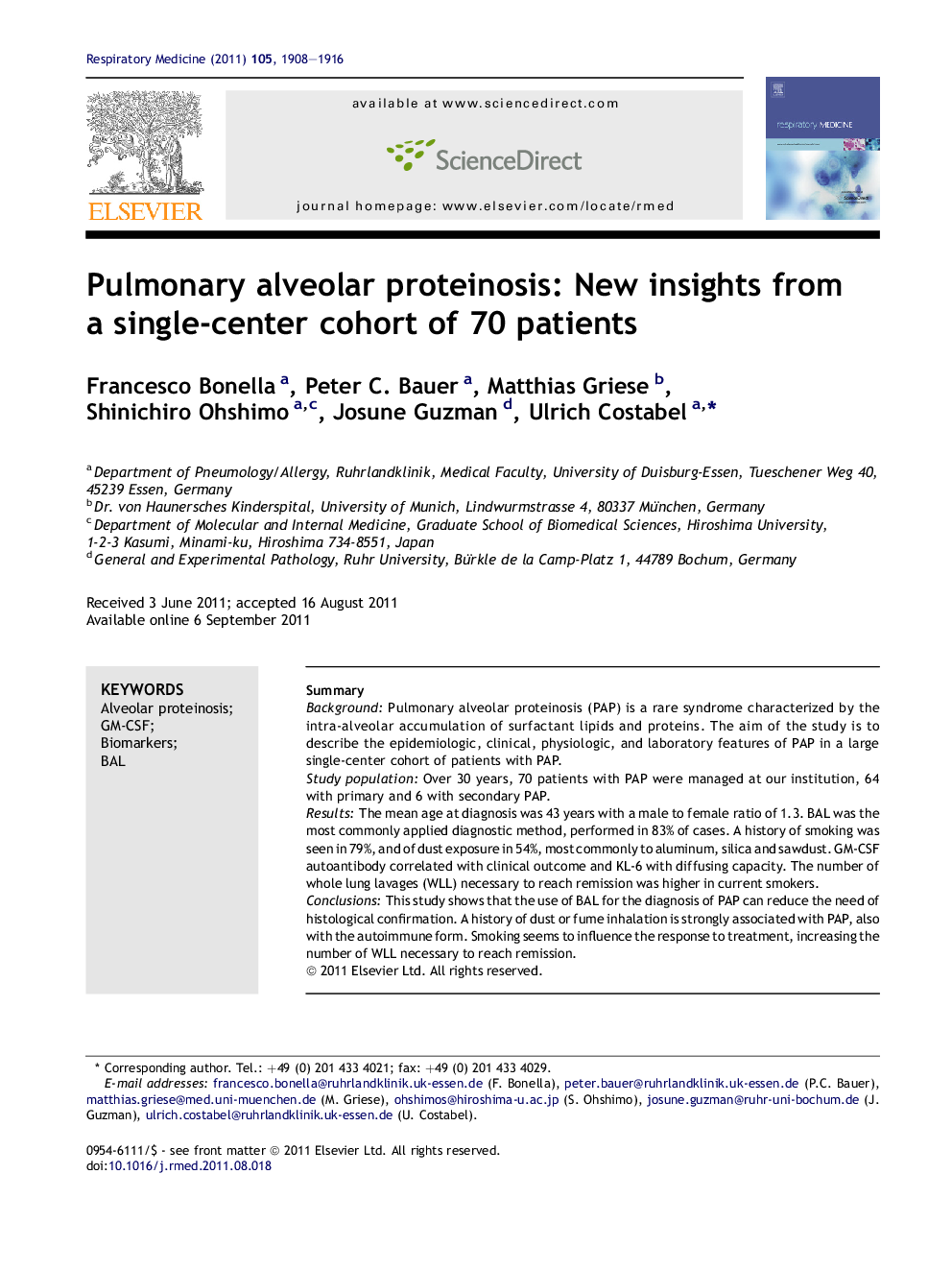 Pulmonary alveolar proteinosis: New insights from a single-center cohort of 70 patients