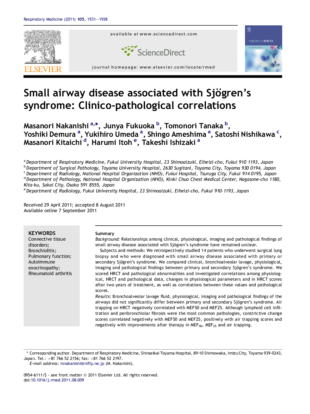 Small airway disease associated with Sjögren's syndrome: Clinico-pathological correlations