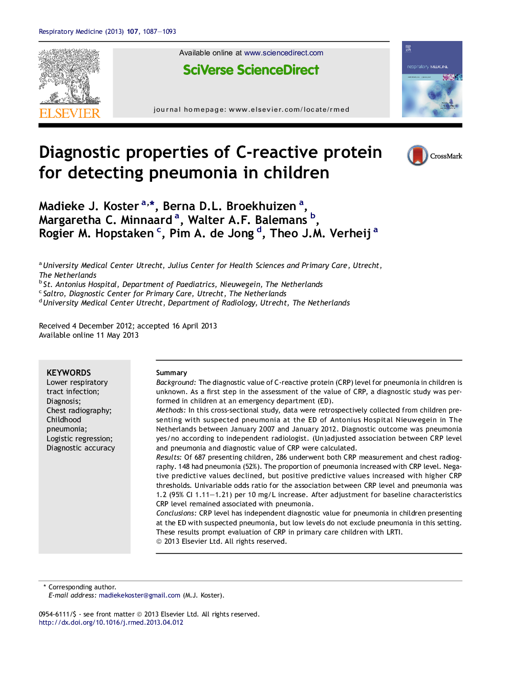 Diagnostic properties of C-reactive protein for detecting pneumonia in children