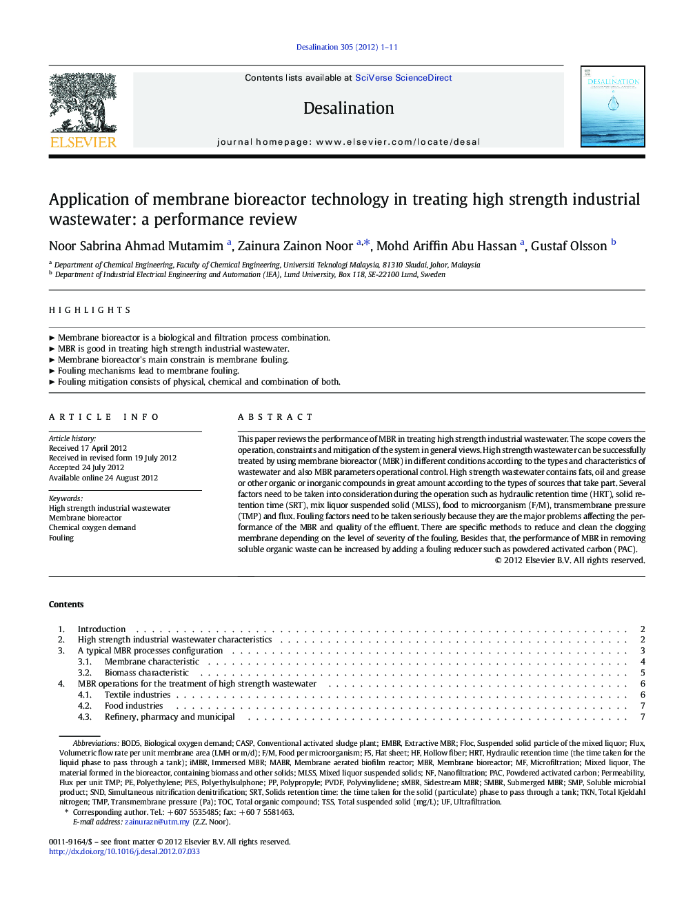 Application of membrane bioreactor technology in treating high strength industrial wastewater: a performance review