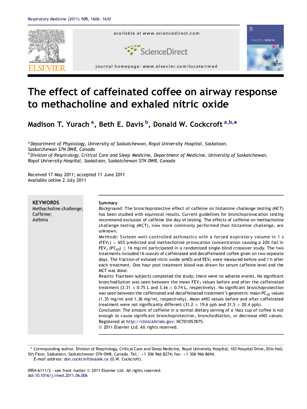 The effect of caffeinated coffee on airway response to methacholine and exhaled nitric oxide