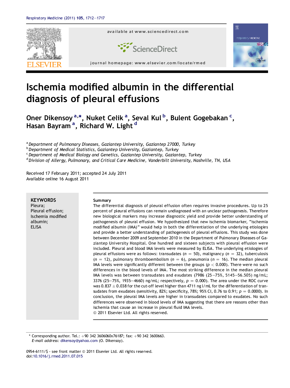 Ischemia modified albumin in the differential diagnosis of pleural effusions