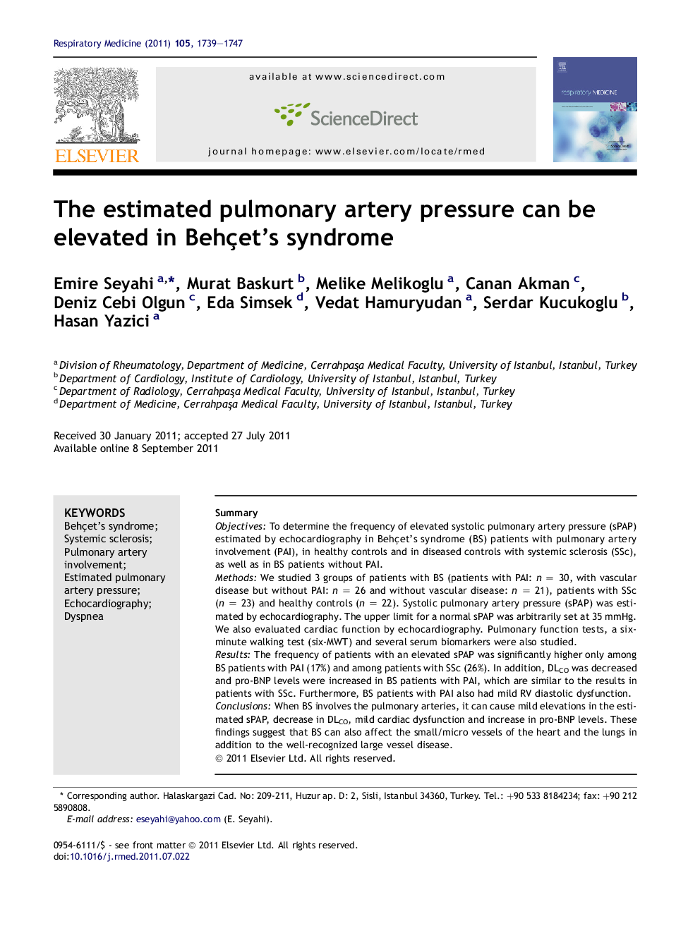 The estimated pulmonary artery pressure can be elevated in Behçet's syndrome