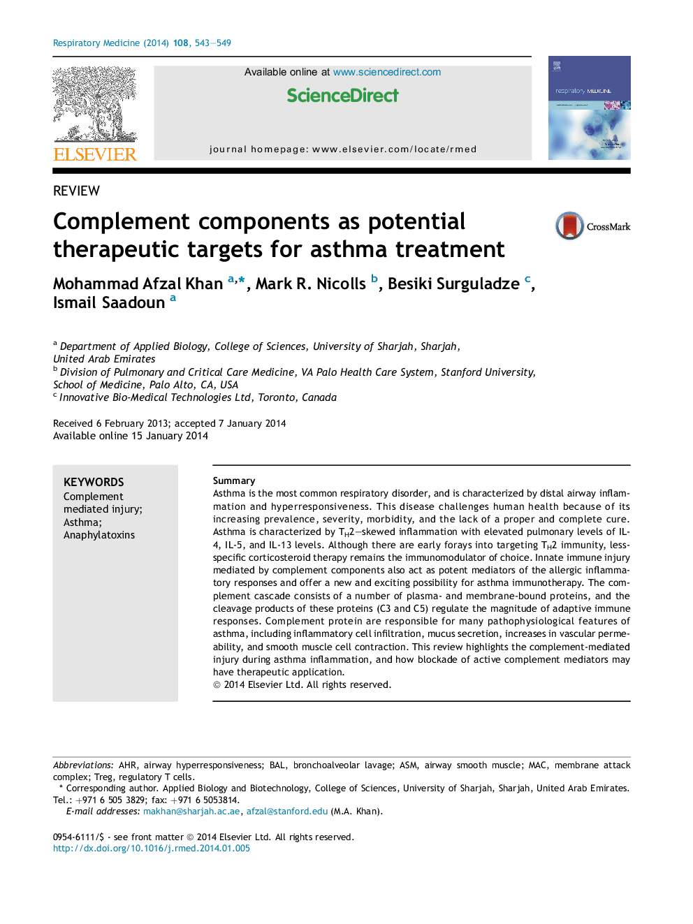 Complement components as potential therapeutic targets for asthma treatment