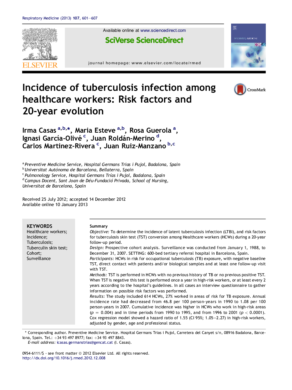 Incidence of tuberculosis infection among healthcare workers: Risk factors and 20-year evolution