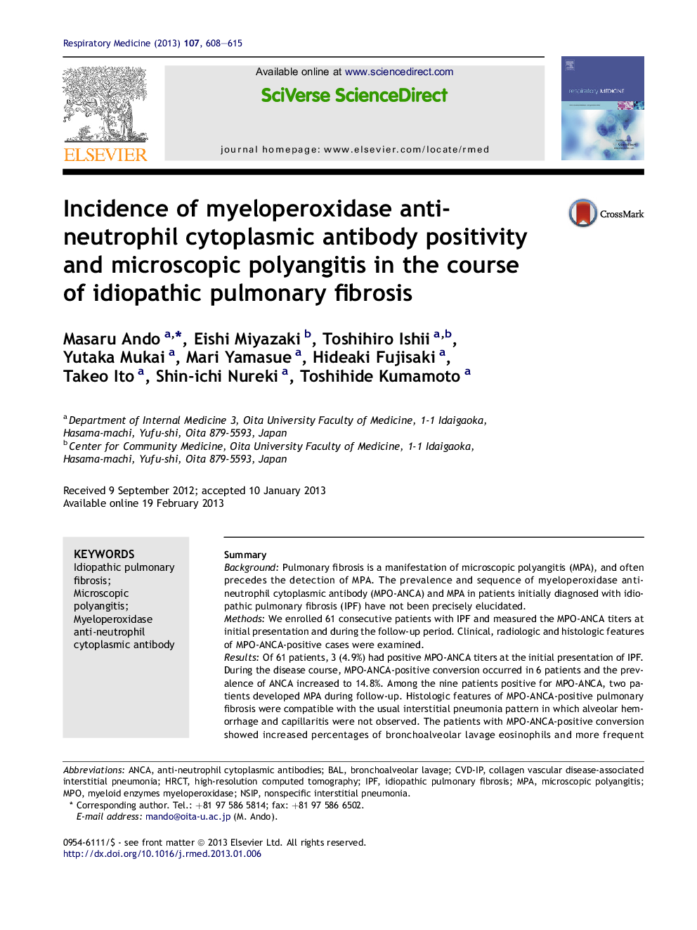 Incidence of myeloperoxidase anti-neutrophil cytoplasmic antibody positivity and microscopic polyangitis in the course of idiopathic pulmonary fibrosis