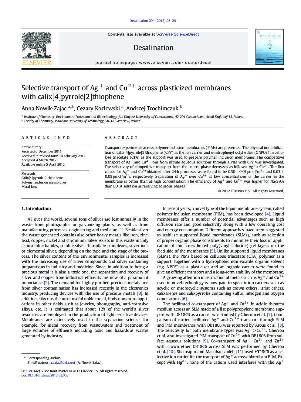 Selective transport of Ag+ and Cu2+ across plasticized membranes with calix[4]pyrrole[2]thiophene