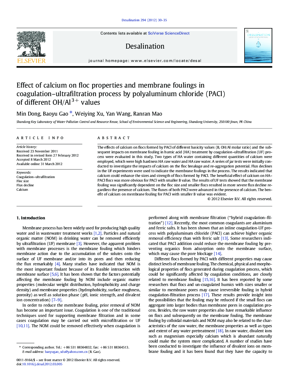 Effect of calcium on floc properties and membrane foulings in coagulation–ultrafiltration process by polyaluminum chloride (PACl) of different OH/Al3+ values