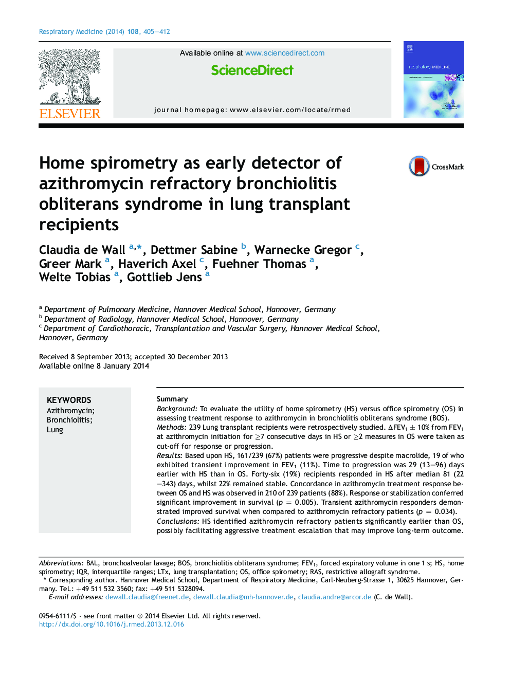 Home spirometry as early detector of azithromycin refractory bronchiolitis obliterans syndrome in lung transplant recipients