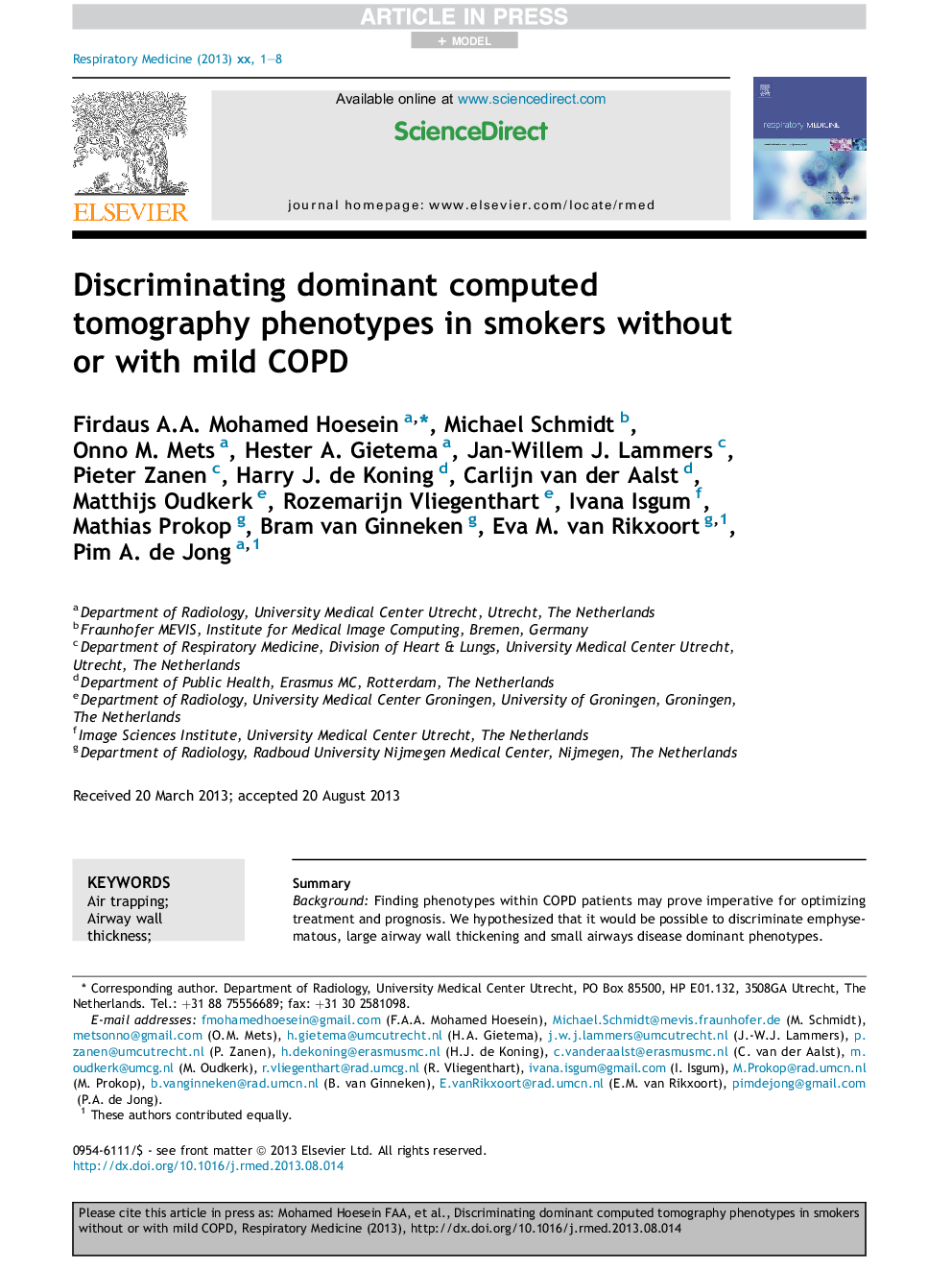 Discriminating dominant computed tomography phenotypes in smokers without or with mild COPD