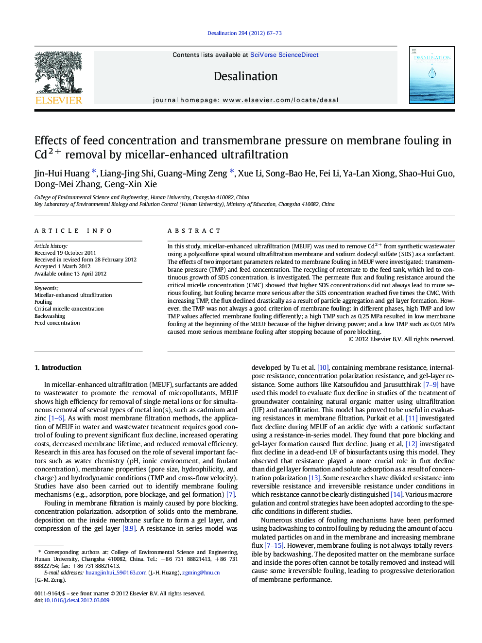 Effects of feed concentration and transmembrane pressure on membrane fouling in Cd2Â + removal by micellar-enhanced ultrafiltration