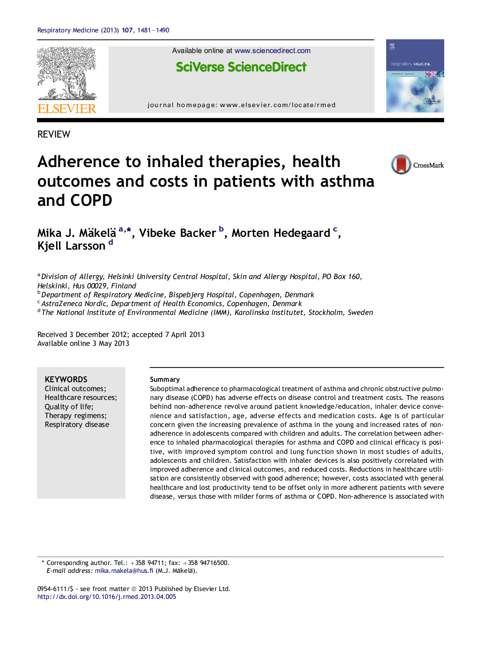 Adherence to inhaled therapies, health outcomes and costs in patients with asthma and COPD