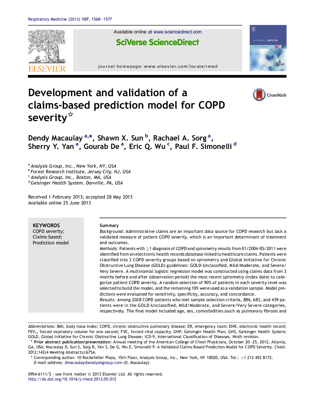 Development and validation of a claims-based prediction model for COPD severity