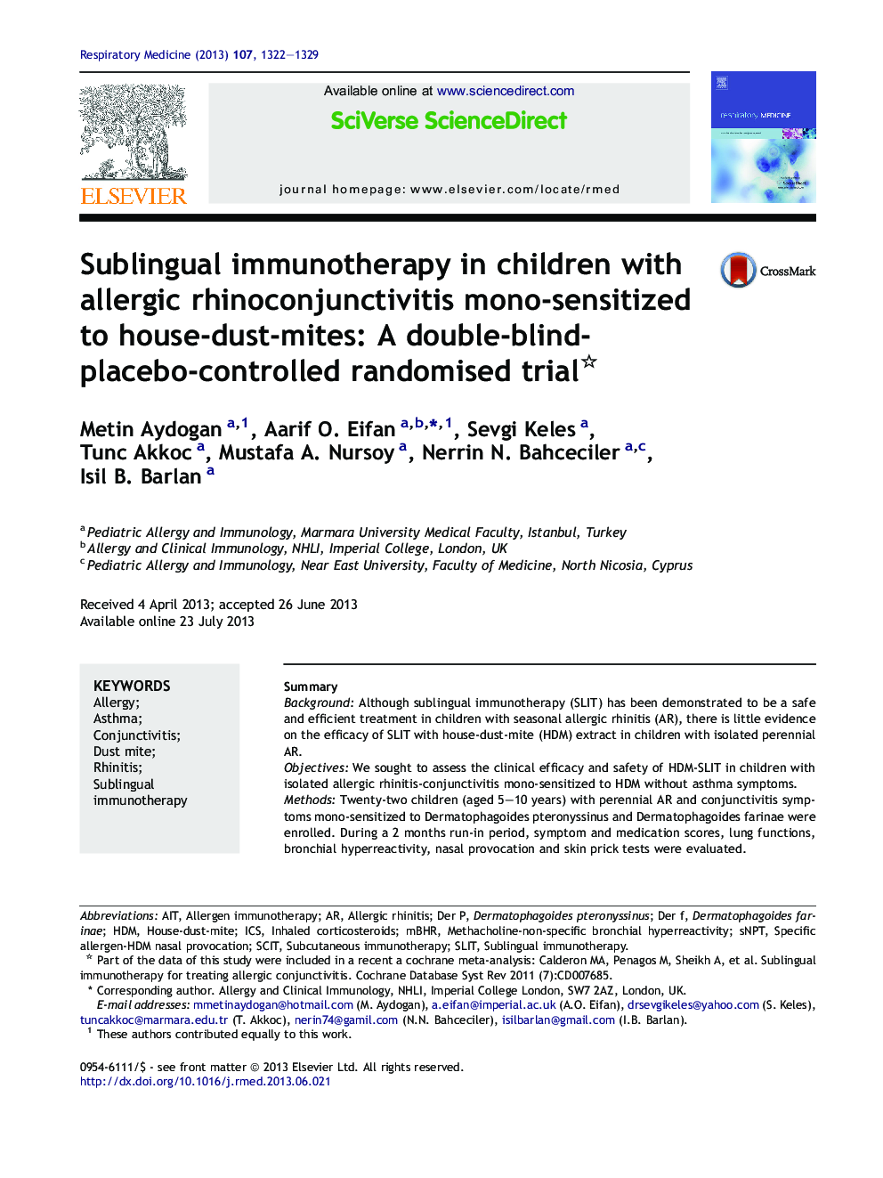 Sublingual immunotherapy in children with allergic rhinoconjunctivitis mono-sensitized to house-dust-mites: A double-blind-placebo-controlled randomised trial